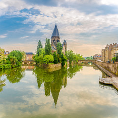 View at the Neuf Temple at the Mosela river in Metz - France