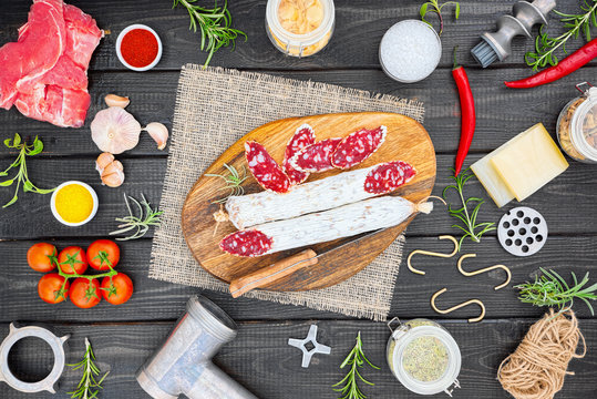 Ingredients of the production of cured sausage.