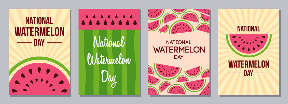 Set of flyers, posters, banners, placards, cards, brochure design templates A6 size. Watermelon Day. Slices of watermelon. Texture of the watermelons with seeds. Event name. Vector illustrations.