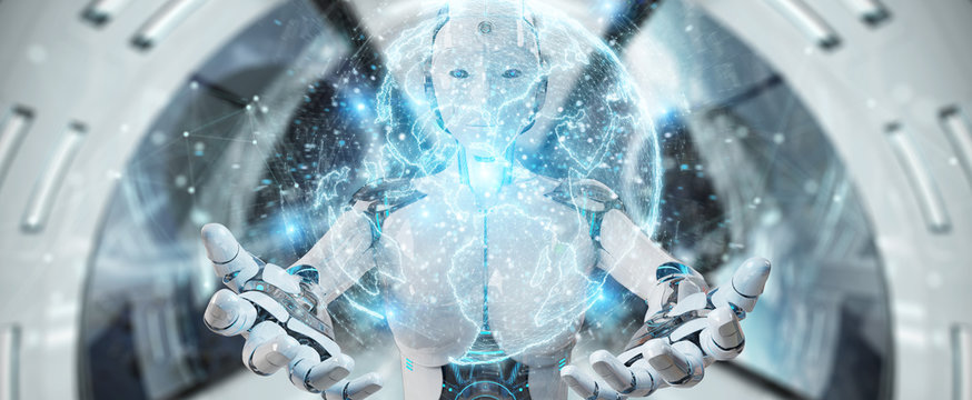 White humanoid woman using globe network hologram with Europe map 3D rendering