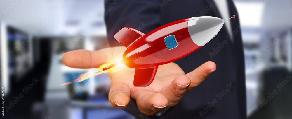 Poster businessman holding and touching a rocket 3d rendering