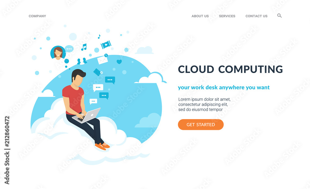 Poster young man sitting on the cloud in the sky and working with laptop. flat concept vector website templ