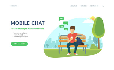 Young man sitting in the street or park and sending message via chat to someone using his smartphone. Flat concept vector website template and landing page design of mobile chat and text conversations