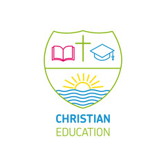 Logo for church or christianity education, open book, cross, square academic cap and sun on river. Christian university or sunday school learning sign template design. Vector illustration