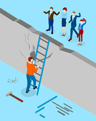 Solve problems with communication. Isometric illustration.