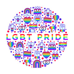 LGBT concept in circle with thin line icons: gay, lesbian, rainbow, coming out, free love, flag, support, stop homophobia, LGBT rights, pride day. Modern vector illustration, web page template.