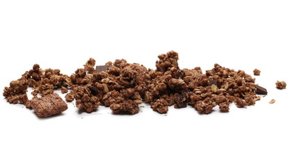 Crunchy chocolate granola, muesli pile isolated on white background