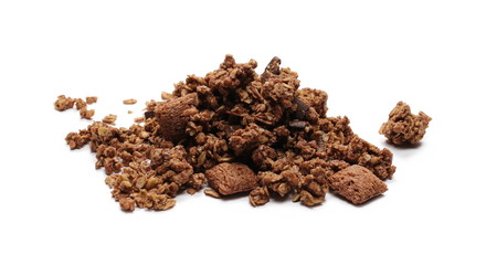 Crunchy chocolate granola, muesli pile isolated on white background