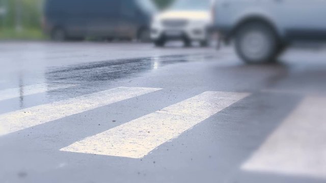 Boy crosses the road at a pedestrian crossing in the rain. Legs close-up.