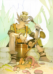 Hand drawn mixed media anime cartoon illustration with a handsome gardener character sitting near the broken flower pot