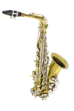 isolated in white portrait of an alto saxophone / gold and silver brass saxophone in white background