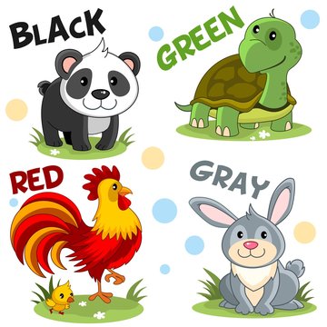 Set of cartoon illustrations of wild and domestic animals, birds and reptiles for children and design, black panda, green turtle, red rooster with chicken and gray hare, rabbit.