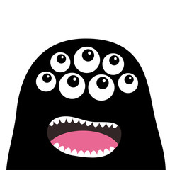 Screaming monster head silhouette. Many eyes, teeth, tongue. Black Funny Cute cartoon character. Baby collection. Happy Halloween card. Flat design. White background.