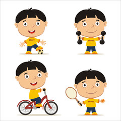 Collection of little boy with black hair is engaged in sports: football, with dumbbells, bicyclist, tennis player.