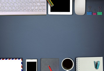 Office leather desk table with computer, supplies and coffee cup. Top view with copy space
