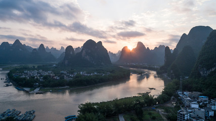 aerial view of sunset at Li River