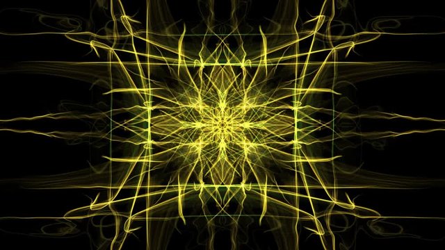 Yellow animated rectangle fractal ornament on black background. Rays of energy in convergent motion, 4k video
