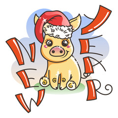 Happy New 2019 Year card with cartoon golden baby pig. Small symbol of holiday.