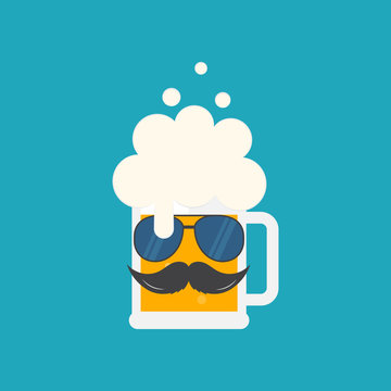 Beer mug with sunglasses and a mustache. Oktoberfest beer festival hipster poster design. Symbol Template Logo. Vector illustration flat design. Isolated.
