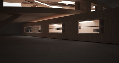 Abstract  concrete and wood parametric interior  with neon lighting. 3D illustration and rendering.