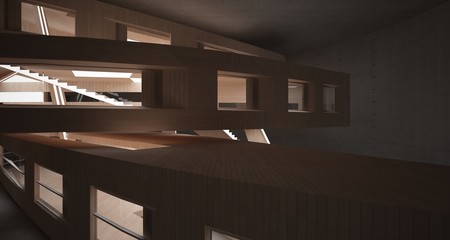 Abstract  concrete and wood parametric interior  with neon lighting. 3D illustration and rendering.