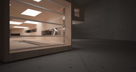 Abstract  concrete and wood parametric interior  with neon lighting. 3D illustration and rendering.