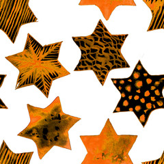 Seamless Watercolor Stars Pattern. Magic Festive Background. Hand Drawn Doodle Stars. Baby Design. Abstract Rapport for Wallpaper, Textile, Linen, Wrapping, Posters, Cards, Banner. New Year, Birthday 