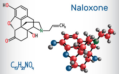 Naloxone molecule. It is used to block the effects of opioids, especially in overdose. Structural chemical formula and molecule model