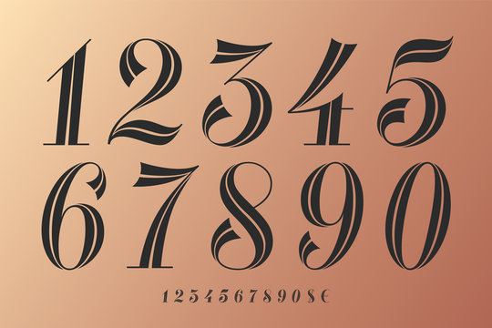 Numbers font. Classical elegant font of numbers with contemporary vintage design. Beautiful elegant retro stencil numeral, dollar and euro symbols. Vintage and retro typographic. Vector Illustration