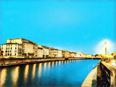 View at river Arno in Pisa, Italy. Old houses at embankment. Italian canal. Big size oil painting fine art. Modern impressionism drawn artwork. Creative artistic print for canvas, poster or paper.