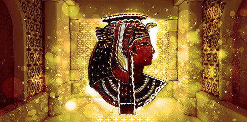 Abstract ancient Egyptian background, Cleopatra. Eastern interior background with ornaments on the walls and columns, neon lights, rays of sunlight, bokeh. 3D rendering