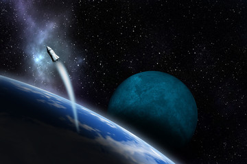 Spacecraft flying near unknown planet. Space exploration. 3d illustration.