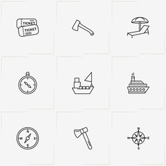 Tourism line icon set with deck chair , ship and tickets