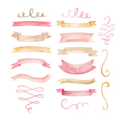 Watercolor set of ribbons, banners and decorative swirls in pink, yellow and gold. Hand drawn, painted design elements isolated  on white background.