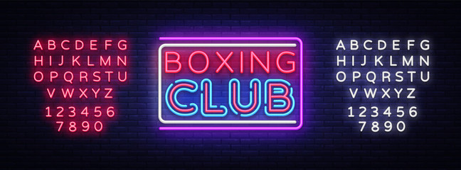 Boxing Club neon sign vector. Boxing text Design template neon sign, light banner, neon signboard, nightly bright advertising, light inscription. Vector illustration. Editing text neon sign