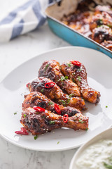 Grilled roasted and barbecue chicken legs on white plate