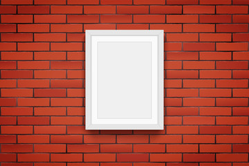 Red brick wall with modern picture frame. Mockup white frame for quotes and advertising. Vertical Poster Closeup view. Vector Illustration.