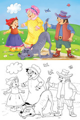 Little Red Riding Hood and others. Fairy tale. Coloring book. Coloring page. Cute and funny cartoon characters