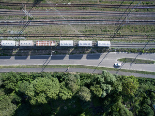 railway, trains with wagons, view from above