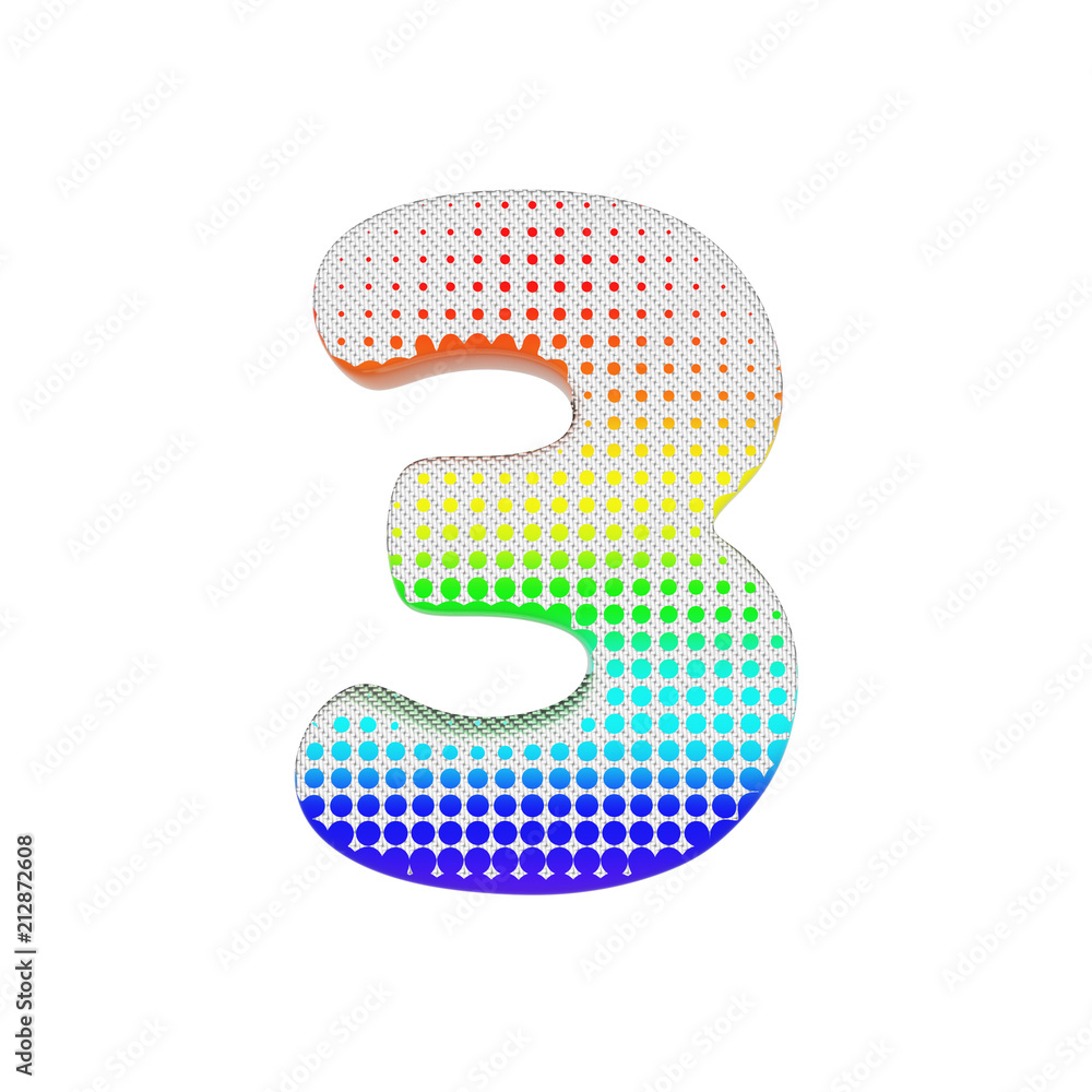 Poster alphabet number 3. rainbow halftone font made of cotton texture. 3d render isolated on white backgro