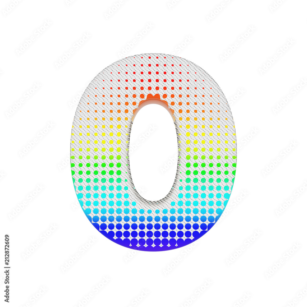 Poster alphabet number 0. rainbow halftone font made of cotton texture. 3d render isolated on white backgro
