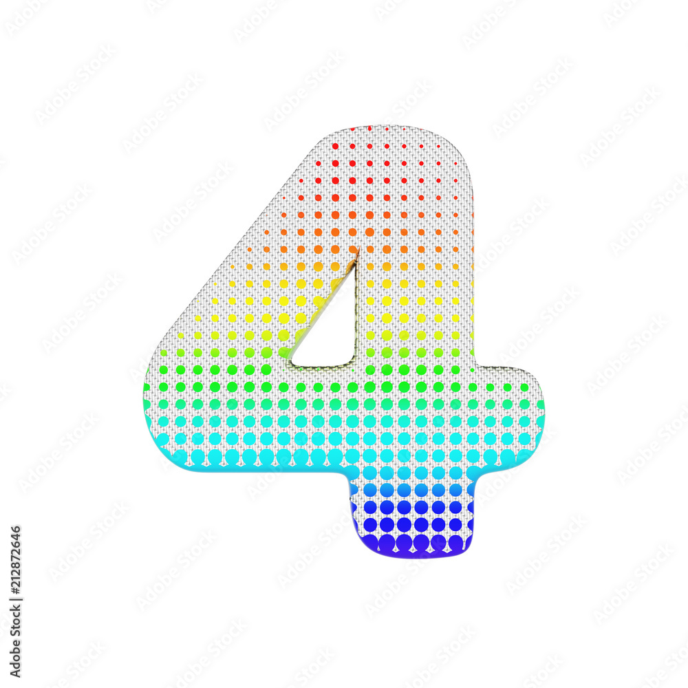 Poster alphabet number 4. rainbow halftone font made of cotton texture. 3d render isolated on white backgro