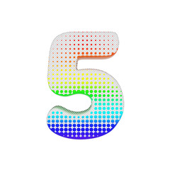Alphabet number 5. Rainbow halftone font made of cotton texture. 3D render isolated on white background.