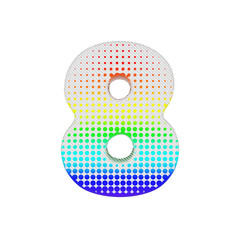 Alphabet number 8. Rainbow halftone font made of cotton texture. 3D render isolated on white background.