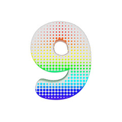 Alphabet number 9. Rainbow halftone font made of cotton texture. 3D render isolated on white background.
