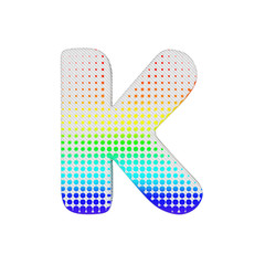 Alphabet letter K uppercase. Rainbow halftone font made of cotton texture. 3D render isolated on white background.