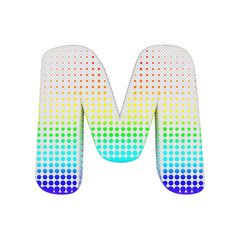 Alphabet letter M uppercase. Rainbow halftone font made of cotton texture. 3D render isolated on white background.