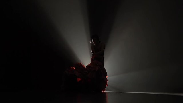 Girl in a beautiful dress is dancing . Light from behind. Smoke background. Slow motion. Silhouette