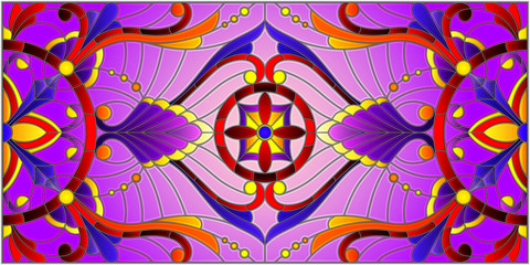 Illustration in stained glass style with abstract  swirls,flowers and leaves  on a purple background,horizontal orientation