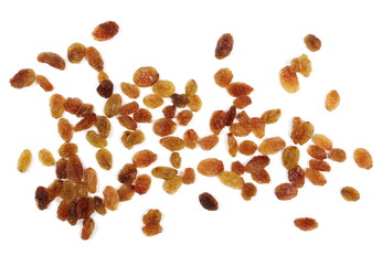 Raisins isolated on white background, top view